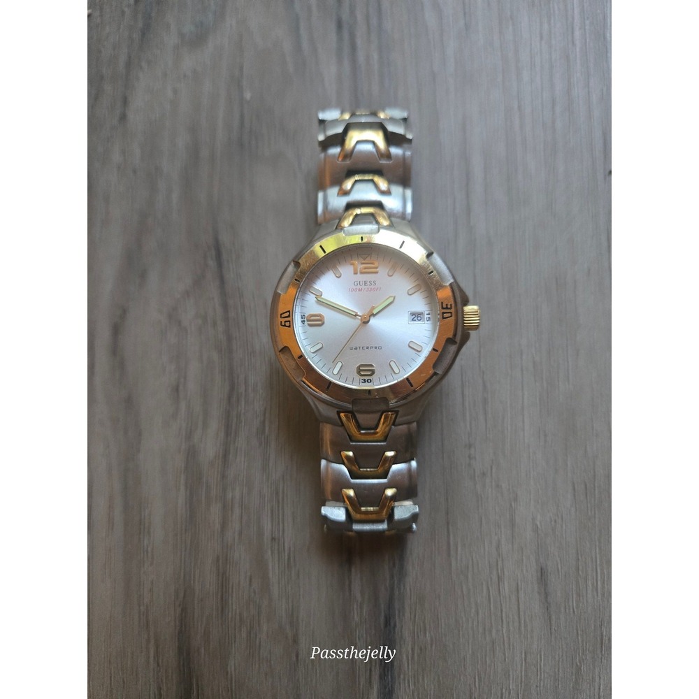 VTG GUESS Watch Mens Waterpro G65025G Two Tone Gold Date Quartz 100M‎ Sport Y2K